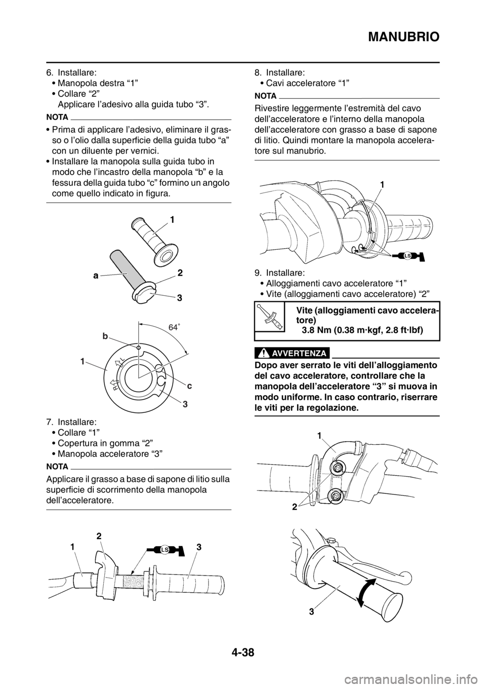 YAMAHA YZ250F 2014  Manuale duso (in Italian) MANUBRIO
4-38
6. Installare:
• Manopola destra “1”
• Collare “2”
Applicare l’adesivo alla guida tubo “3”.
NOTA
• Prima di applicare l’adesivo, eliminare il gras-
so o l’olio da