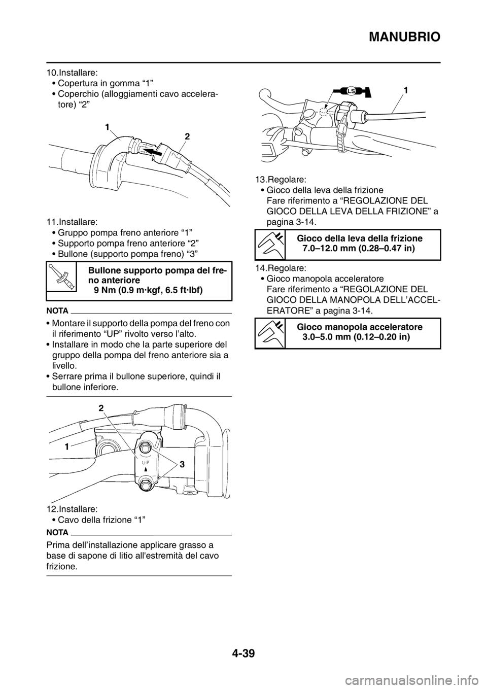YAMAHA YZ250F 2014  Manuale duso (in Italian) MANUBRIO
4-39
10.Installare:
• Copertura in gomma “1”
• Coperchio (alloggiamenti cavo accelera-
tore) “2”
11.Installare:
• Gruppo pompa freno anteriore “1”
• Supporto pompa freno a