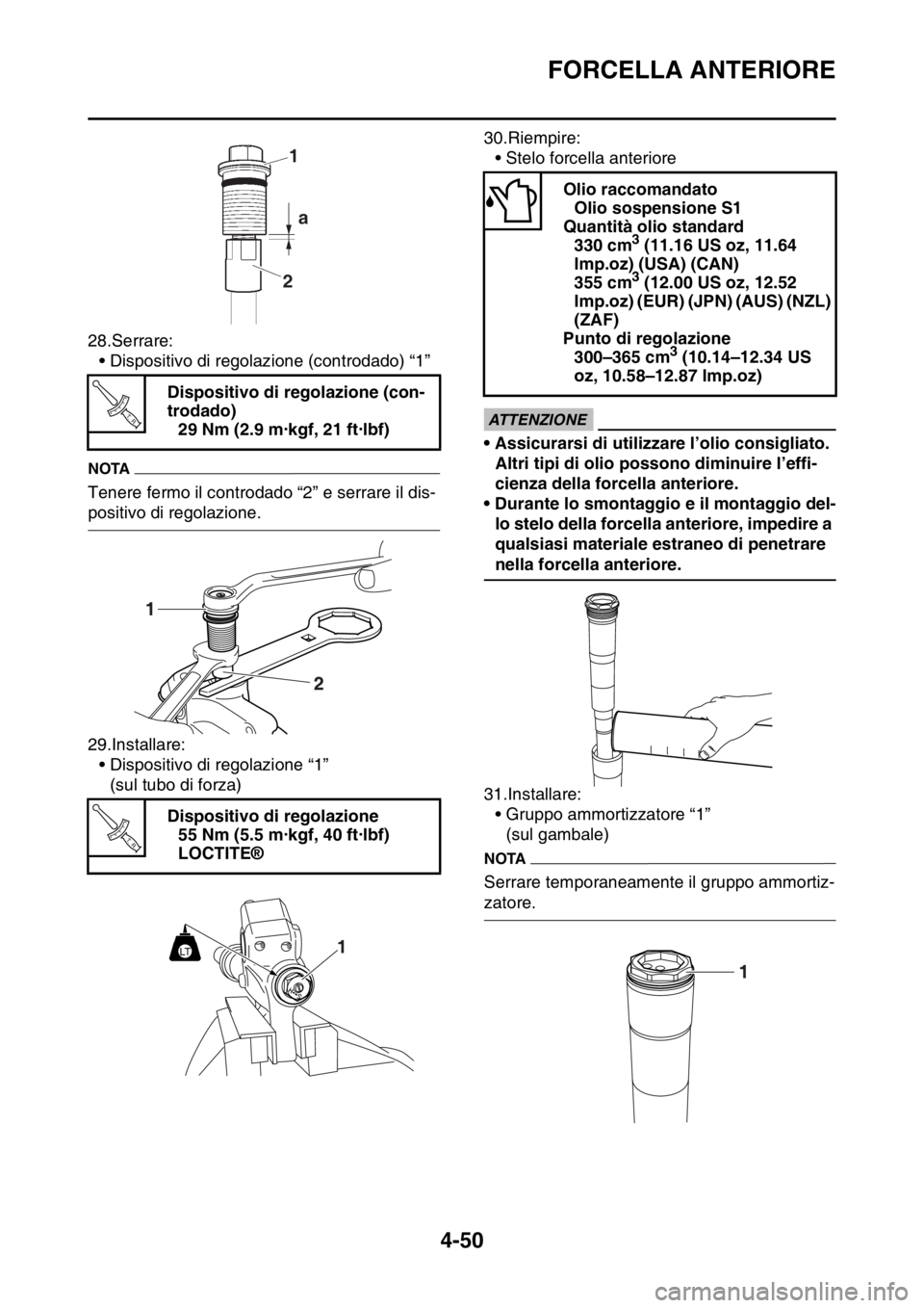 YAMAHA YZ250F 2014  Manuale duso (in Italian) FORCELLA ANTERIORE
4-50
28.Serrare:
• Dispositivo di regolazione (controdado) “1”
NOTA
Tenere fermo il controdado “2” e serrare il dis-
positivo di regolazione.
29.Installare:
• Dispositiv