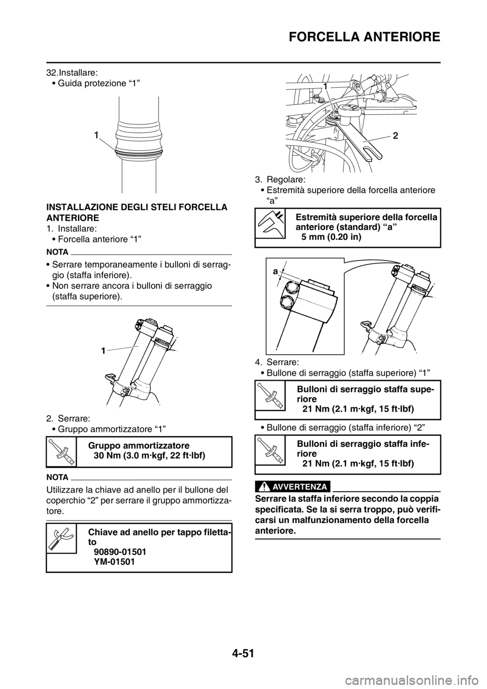 YAMAHA YZ250F 2014  Manuale duso (in Italian) FORCELLA ANTERIORE
4-51
32.Installare:• Guida protezione “1”
HAS1SM1170INSTALLAZIONE DEGLI STELI FORCELLA 
ANTERIORE
1. Installare:• Forcella anteriore “1”
NOTA
• Serrare temporaneamente