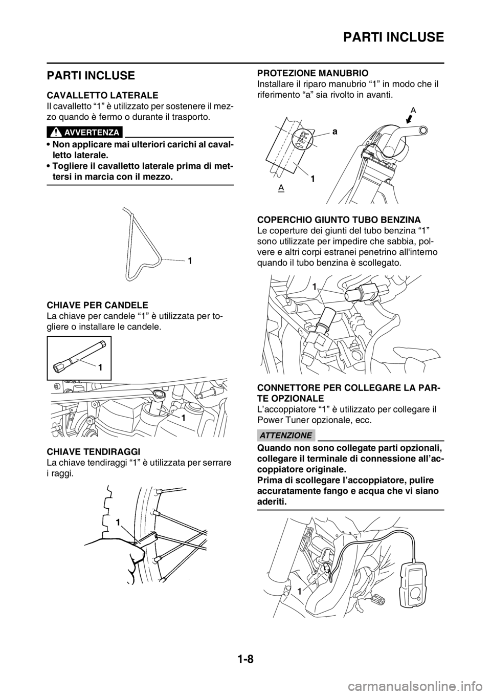 YAMAHA YZ250F 2014 Manuale duso (in Italian) PARTI INCLUSE
1-8
HAS1SM1016
PARTI INCLUSE
HAS1SM1017CAVALLETTO LATERALE
Il cavalletto “1” è utilizzato per sostenere il mez-
zo quando è fermo o durante il trasporto.
EWA@
AVVERTENZA
• Non ap YAMAHA YZ250F 2014 Manuale duso (in Italian) PARTI INCLUSE
1-8
HAS1SM1016
PARTI INCLUSE
HAS1SM1017CAVALLETTO LATERALE
Il cavalletto “1” è utilizzato per sostenere il mez-
zo quando è fermo o durante il trasporto.
EWA@
AVVERTENZA
• Non ap