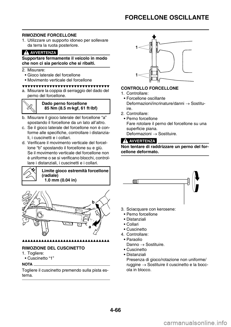 YAMAHA YZ250F 2014 Manuale duso (in Italian) FORCELLONE OSCILLANTE
4-66
HAS1SM1185RIMOZIONE FORCELLONE
1. Utilizzare un supporto idoneo per sollevare
da terra la ruota posteriore.
EWA13120
AVVERTENZA
Supportare fermamente il veicolo in modo
ch YAMAHA YZ250F 2014 Manuale duso (in Italian) FORCELLONE OSCILLANTE
4-66
HAS1SM1185RIMOZIONE FORCELLONE
1. Utilizzare un supporto idoneo per sollevare
da terra la ruota posteriore.
EWA13120
AVVERTENZA
Supportare fermamente il veicolo in modo
ch