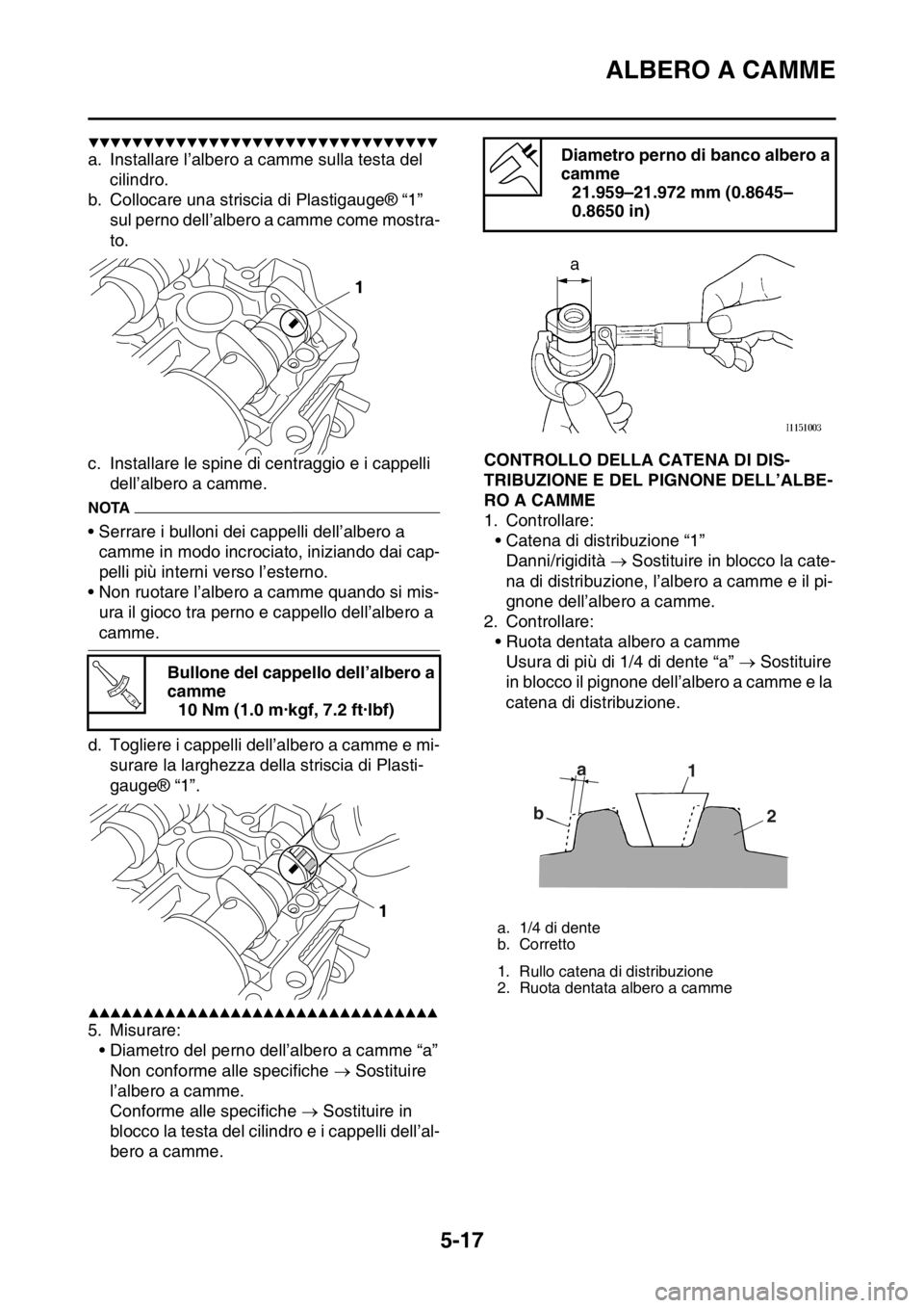 YAMAHA YZ250F 2014 Manuale duso (in Italian) ALBERO A CAMME
5-17
▼▼▼▼▼▼▼▼▼▼▼▼▼▼▼▼▼▼▼▼▼▼▼▼▼▼▼▼▼▼▼▼
a. Installare l’albero a camme sulla testa del
cilindro.
b. Collocare una strisc YAMAHA YZ250F 2014 Manuale duso (in Italian) ALBERO A CAMME
5-17
▼▼▼▼▼▼▼▼▼▼▼▼▼▼▼▼▼▼▼▼▼▼▼▼▼▼▼▼▼▼▼▼
a. Installare l’albero a camme sulla testa del
cilindro.
b. Collocare una strisc