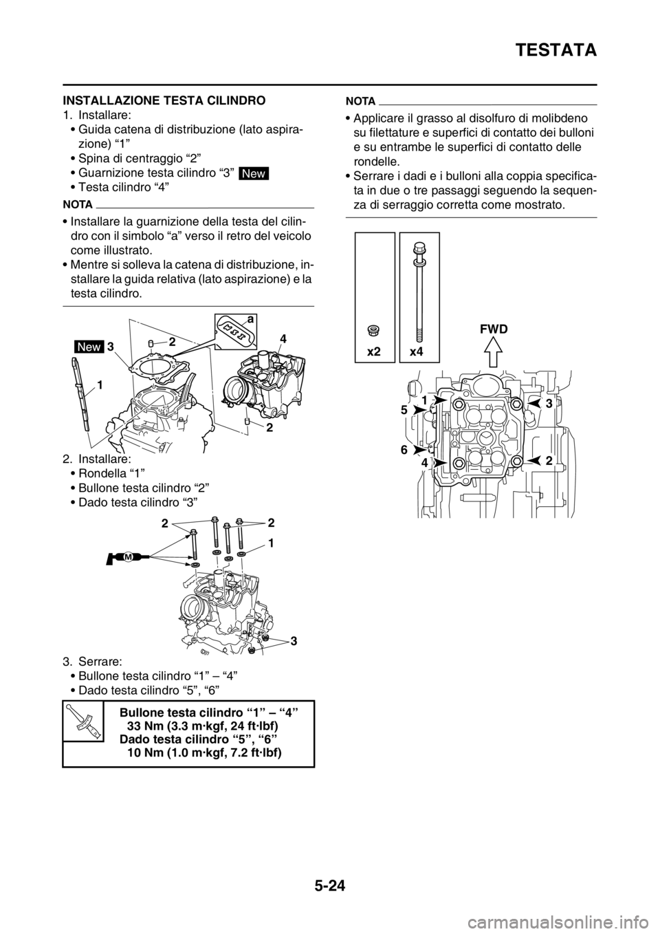 YAMAHA YZ250F 2014 Manuale duso (in Italian) TESTATA
5-24
HAS1SM1218INSTALLAZIONE TESTA CILINDRO
1. Installare:
• Guida catena di distribuzione (lato aspira-
zione) “1”
• Spina di centraggio “2”
• Guarnizione testa cilindro “3” YAMAHA YZ250F 2014 Manuale duso (in Italian) TESTATA
5-24
HAS1SM1218INSTALLAZIONE TESTA CILINDRO
1. Installare:
• Guida catena di distribuzione (lato aspira-
zione) “1”
• Spina di centraggio “2”
• Guarnizione testa cilindro “3”