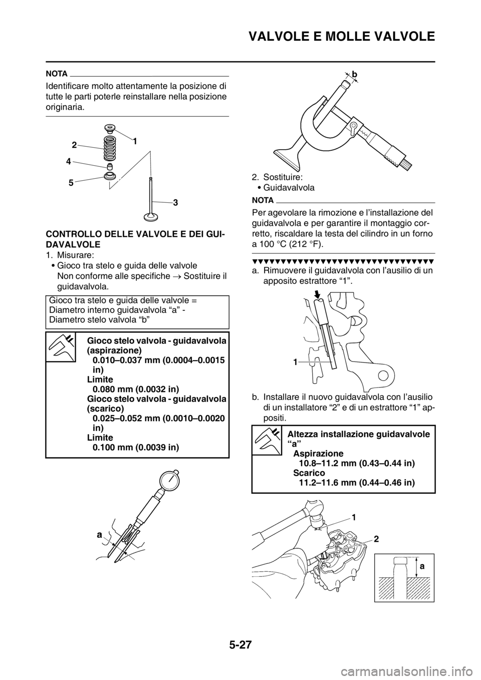 YAMAHA YZ250F 2014 Manuale duso (in Italian) VALVOLE E MOLLE VALVOLE
5-27
NOTA
Identificare molto attentamente la posizione di
tutte le parti poterle reinstallare nella posizione
originaria.
HAS1SM1221CONTROLLO DELLE VALVOLE E DEI GUI-
DAVALVO YAMAHA YZ250F 2014 Manuale duso (in Italian) VALVOLE E MOLLE VALVOLE
5-27
NOTA
Identificare molto attentamente la posizione di
tutte le parti poterle reinstallare nella posizione
originaria.
HAS1SM1221CONTROLLO DELLE VALVOLE E DEI GUI-
DAVALVO