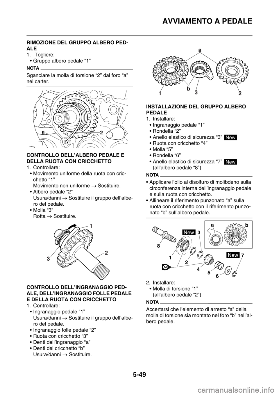 YAMAHA YZ250F 2014 Manuale duso (in Italian) AVVIAMENTO A PEDALE
5-49
HAS1SM1249RIMOZIONE DEL GRUPPO ALBERO PED-
ALE
1. Togliere:
• Gruppo albero pedale “1”
NOTA
Sganciare la molla di torsione “2” dal foro “a”
nel carter.
HAS1SM1 YAMAHA YZ250F 2014 Manuale duso (in Italian) AVVIAMENTO A PEDALE
5-49
HAS1SM1249RIMOZIONE DEL GRUPPO ALBERO PED-
ALE
1. Togliere:
• Gruppo albero pedale “1”
NOTA
Sganciare la molla di torsione “2” dal foro “a”
nel carter.
HAS1SM1