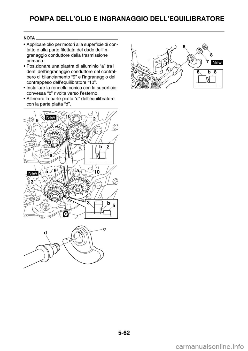 YAMAHA YZ250F 2014  Manuale duso (in Italian) POMPA DELL’OLIO E INGRANAGGIO DELL’EQUILIBRATORE
5-62
NOTA
• Applicare olio per motori alla superficie di con-
tatto e alla parte filettata del dado dell’in-
granaggio conduttore della trasmis