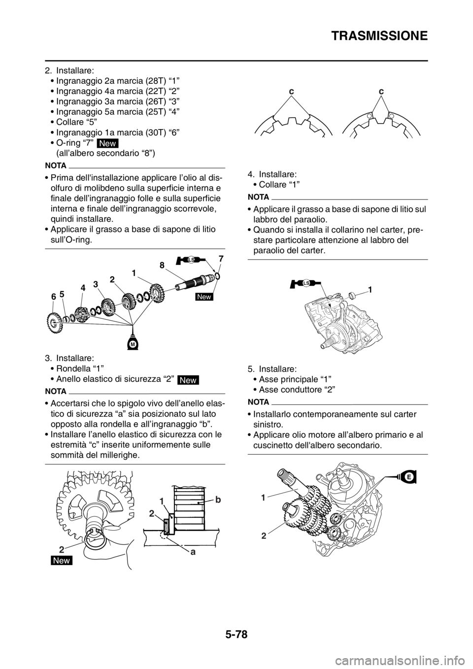 YAMAHA YZ250F 2014 Manuale duso (in Italian) TRASMISSIONE
5-78
2. Installare:
• Ingranaggio 2a marcia (28T) “1”
• Ingranaggio 4a marcia (22T) “2”
• Ingranaggio 3a marcia (26T) “3”
• Ingranaggio 5a marcia (25T) “4”
• Col YAMAHA YZ250F 2014 Manuale duso (in Italian) TRASMISSIONE
5-78
2. Installare:
• Ingranaggio 2a marcia (28T) “1”
• Ingranaggio 4a marcia (22T) “2”
• Ingranaggio 3a marcia (26T) “3”
• Ingranaggio 5a marcia (25T) “4”
• Col