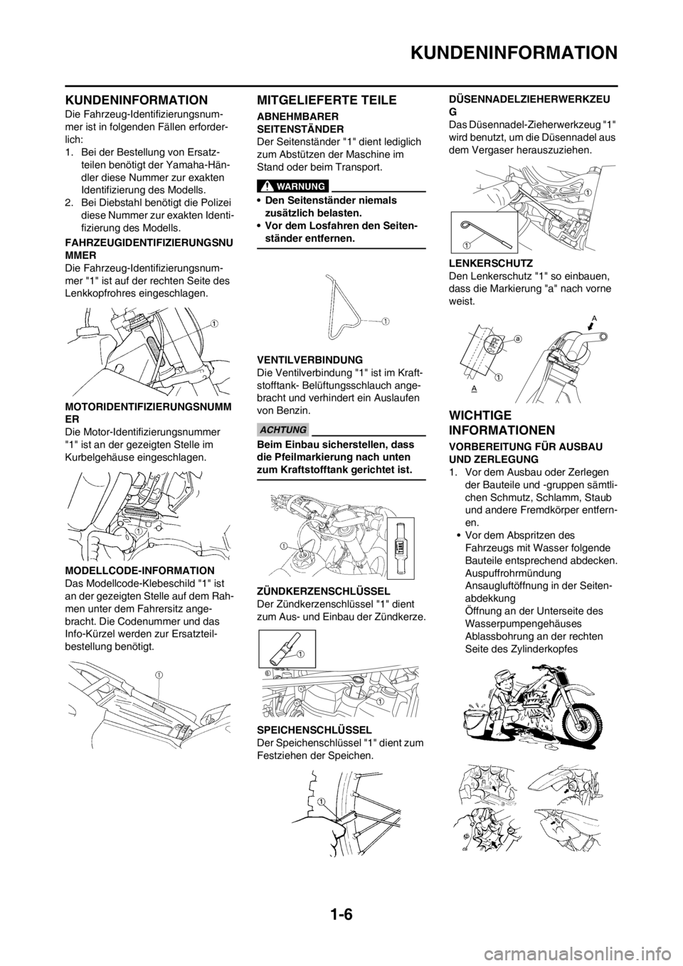 YAMAHA YZ250F 2013  Betriebsanleitungen (in German) 1-6
KUNDENINFORMATION
KUNDENINFORMATION
Die Fahrzeug-Identifizierungsnum-
mer ist in folgenden Fällen erforder-
lich:
1. Bei der Bestellung von Ersatz-
teilen benötigt der Yamaha-Hän-
dler diese Nu
