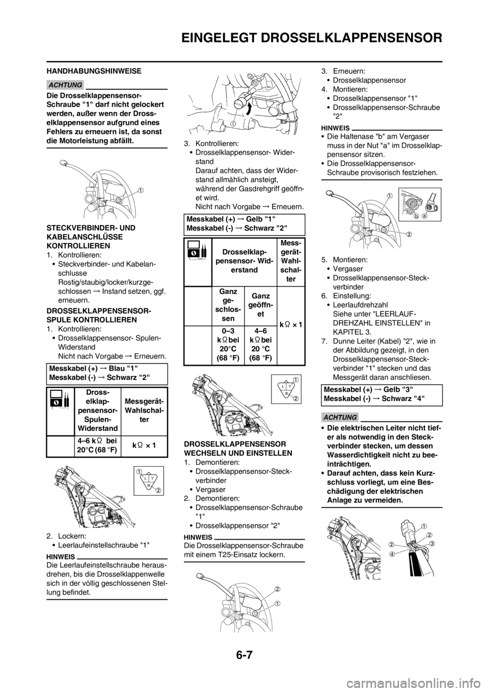YAMAHA YZ250F 2013  Betriebsanleitungen (in German) 6-7
EINGELEGT DROSSELKLAPPENSENSOR
HANDHABUNGSHINWEISE
Die Drosselklappensensor-
Schraube "1" darf nicht gelockert 
werden, außer wenn der Dross-
elklappensensor aufgrund eines 
Fehlers zu erneuern i