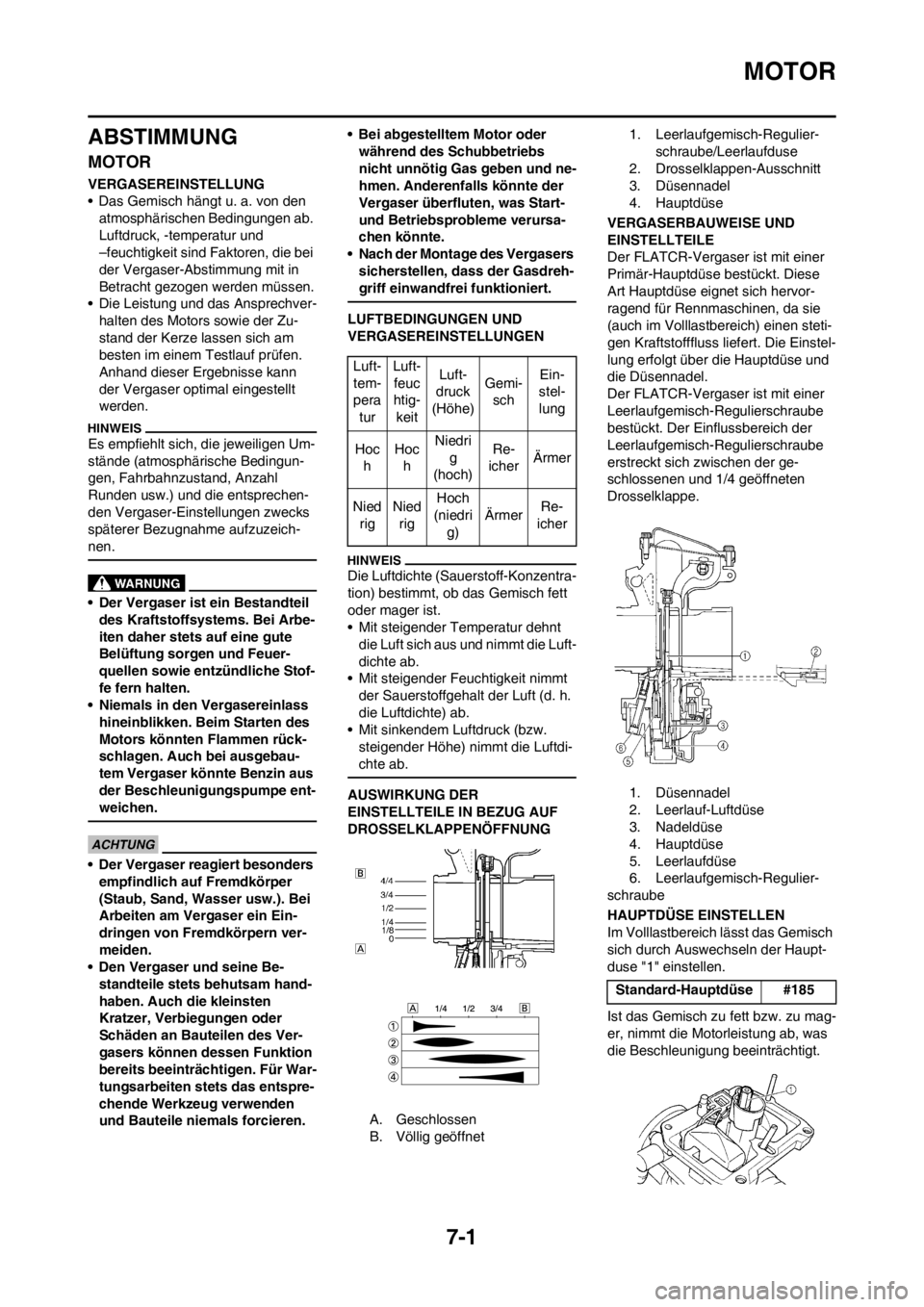 YAMAHA YZ250F 2013  Betriebsanleitungen (in German) 7-1
MOTOR
ABSTIMMUNG
MOTOR
VERGASEREINSTELLUNG
• Das Gemisch hängt u. a. von den atmosphärischen Bedingungen ab. 
Luftdruck, -temperatur und 
–feuchtigkeit sind Faktoren, die bei 
der Vergaser-A