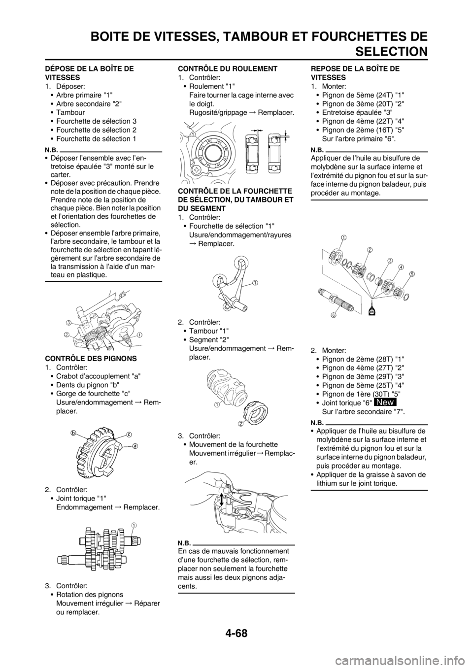 YAMAHA YZ250F 2013 Notices Demploi (in French) 4-68
BOITE DE VITESSES, TAMBOUR ET FOURCHETTES DE
SELECTION
DÉPOSE DE LA BOÎTE DE
VITESSES
1. Déposer:
• Arbre primaire "1"
• Arbre secondaire "2"
• Tambour
• Fourchette de sélection 3
YAMAHA YZ250F 2013 Notices Demploi (in French) 4-68
BOITE DE VITESSES, TAMBOUR ET FOURCHETTES DE
SELECTION
DÉPOSE DE LA BOÎTE DE
VITESSES
1. Déposer:
• Arbre primaire "1"
• Arbre secondaire "2"
• Tambour
• Fourchette de sélection 3