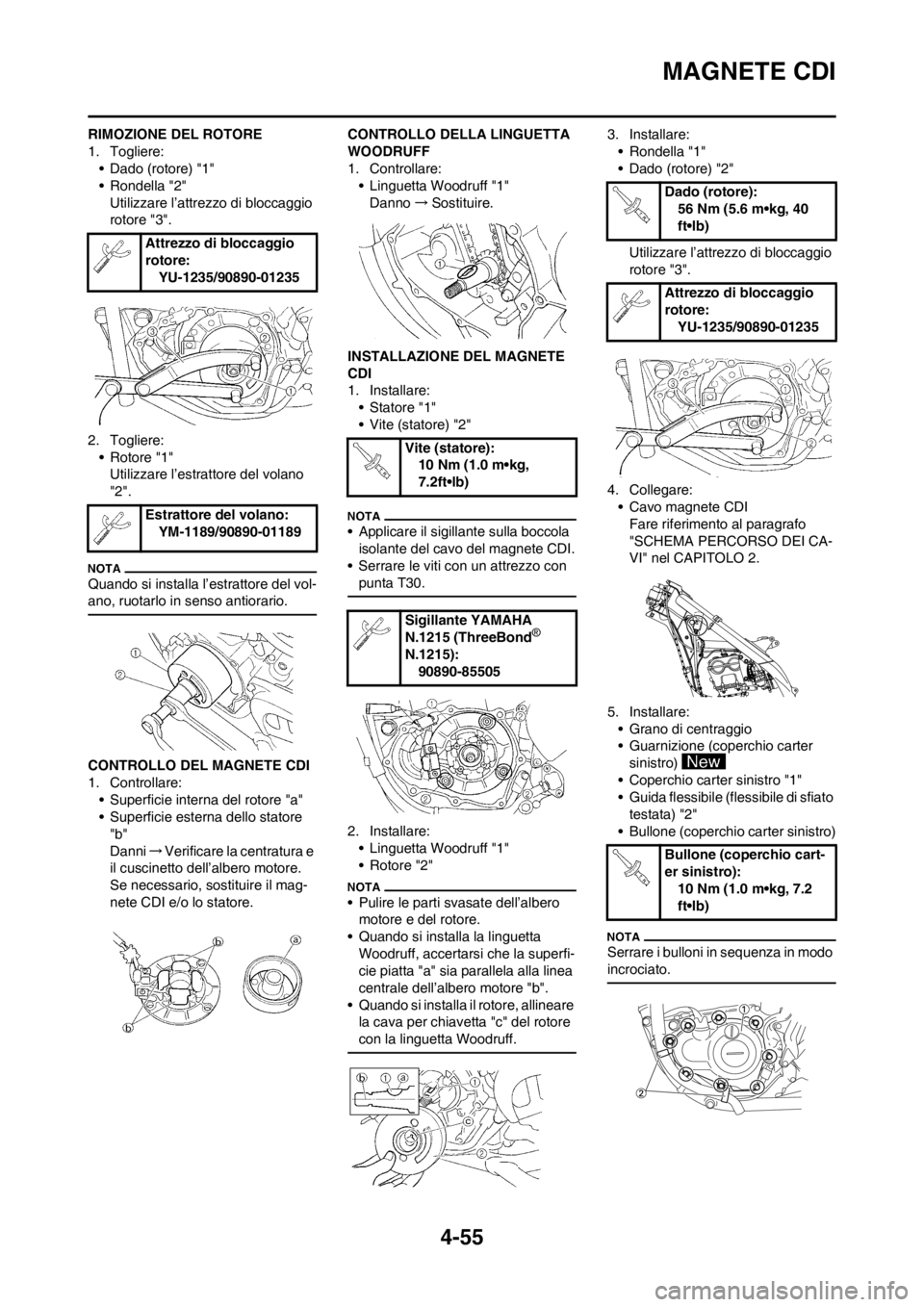 YAMAHA YZ250F 2013  Manuale duso (in Italian) 4-55
MAGNETE CDI
RIMOZIONE DEL ROTORE
1. Togliere:
• Dado (rotore) "1"
• Rondella "2"
Utilizzare l’attrezzo di bloccaggio 
rotore "3".
2. Togliere:
• Rotore "1"
Utilizzare l’estrattore del v