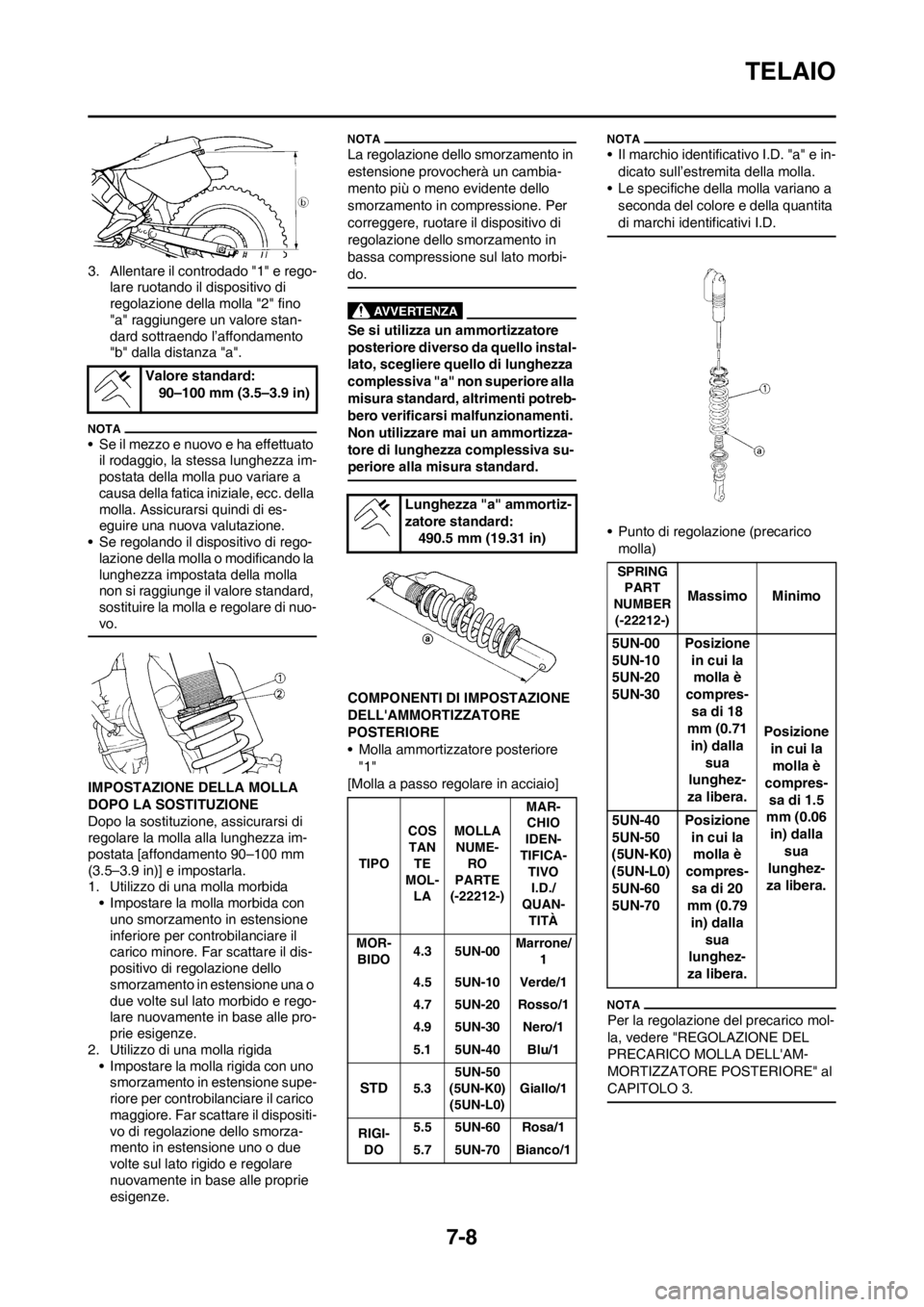 YAMAHA YZ250F 2013  Manuale duso (in Italian) 7-8
TELAIO
3. Allentare il controdado "1" e rego-
lare ruotando il dispositivo di 
regolazione della molla "2" fino 
"a" raggiungere un valore stan-
dard sottraendo l’affondamento 
"b" dalla distanz