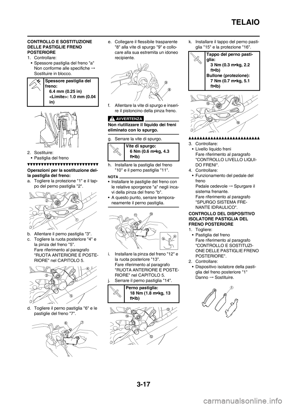 YAMAHA YZ250F 2013 Manuale duso (in Italian) 3-17
TELAIO
CONTROLLO E SOSTITUZIONE
DELLE PASTIGLIE FRENO
POSTERIORE
1. Controllare:
• Spessore pastiglia del freno "a"
Non conforme alle specifiche→
Sostituire in blocco.
2. Sostituire:
• Pa YAMAHA YZ250F 2013 Manuale duso (in Italian) 3-17
TELAIO
CONTROLLO E SOSTITUZIONE
DELLE PASTIGLIE FRENO
POSTERIORE
1. Controllare:
• Spessore pastiglia del freno "a"
Non conforme alle specifiche→
Sostituire in blocco.
2. Sostituire:
• Pa