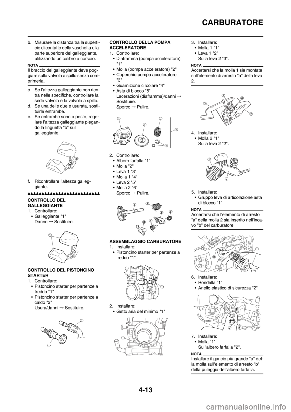 YAMAHA YZ250F 2013  Manuale duso (in Italian) 4-13
CARBURATORE
b. Misurare la distanza tra la superfi-
cie di contatto della vaschetta e la 
parte superiore del galleggiante, 
utilizzando un calibro a corsoio.
Il braccio del galleggiante deve pog