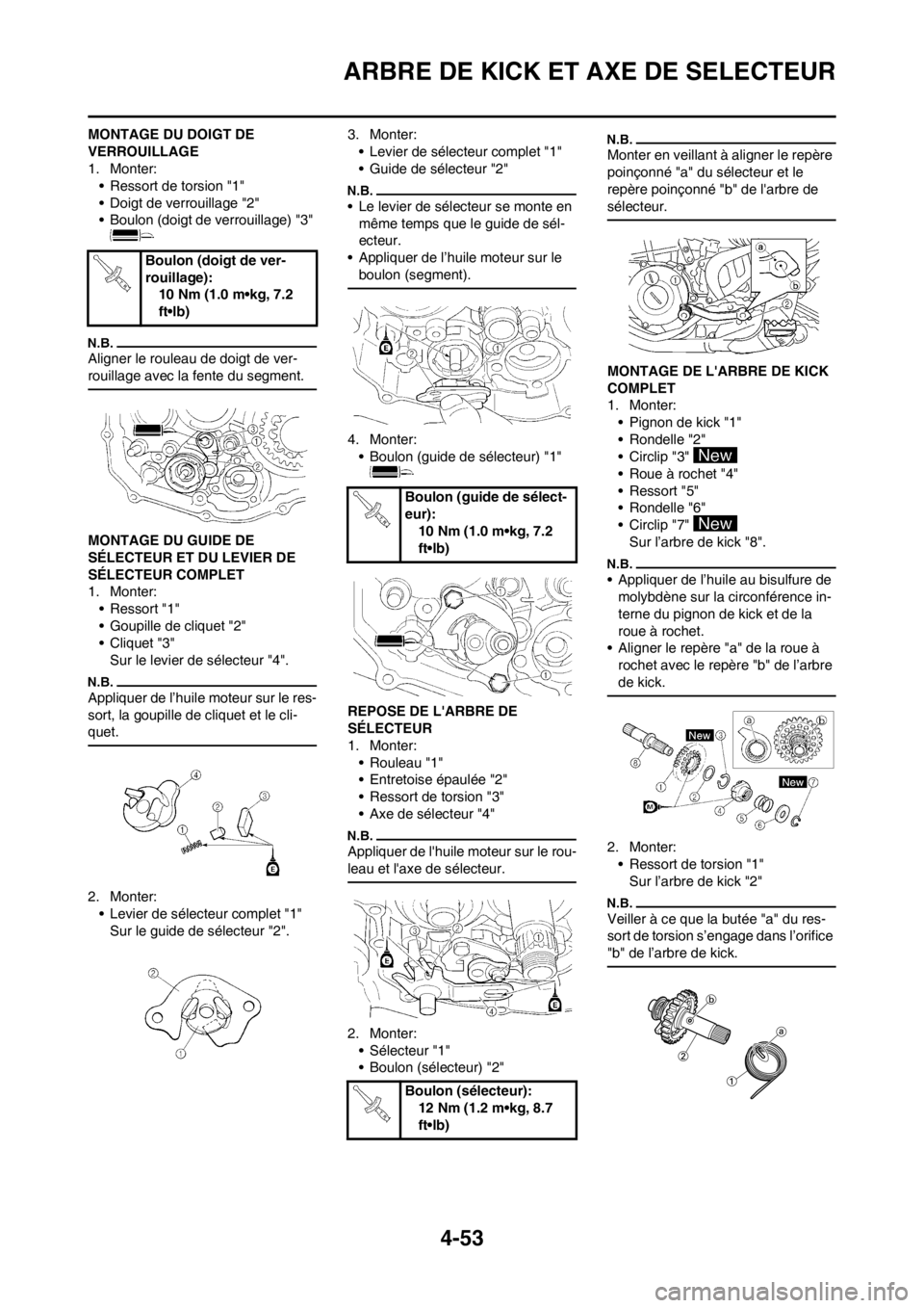 YAMAHA YZ250F 2012 Notices Demploi (in French) 4-53
ARBRE DE KICK ET AXE DE SELECTEUR
MONTAGE DU DOIGT DE
VERROUILLAGE
1. Monter:
• Ressort de torsion "1"
• Doigt de verrouillage "2"
• Boulon (doigt de verrouillage) "3"
Aligner le rouleau YAMAHA YZ250F 2012 Notices Demploi (in French) 4-53
ARBRE DE KICK ET AXE DE SELECTEUR
MONTAGE DU DOIGT DE
VERROUILLAGE
1. Monter:
• Ressort de torsion "1"
• Doigt de verrouillage "2"
• Boulon (doigt de verrouillage) "3"
Aligner le rouleau