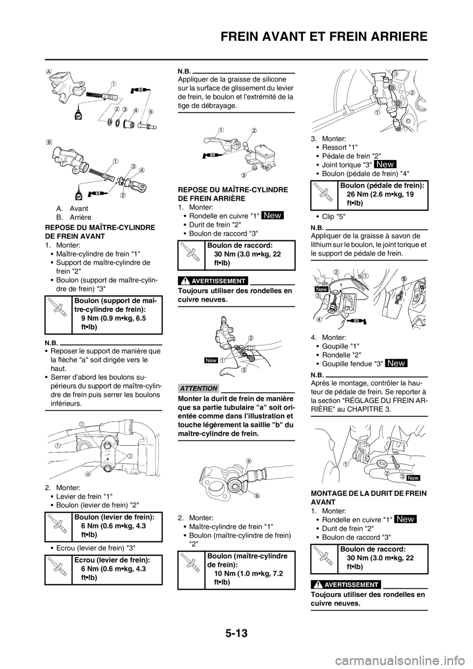 YAMAHA YZ250F 2012 Notices Demploi (in French) 5-13
FREIN AVANT ET FREIN ARRIERE
A. Avant
B. Arrière
REPOSE DU MAÎTRE-CYLINDRE
DE FREIN AVANT
1. Monter:
• Maître-cylindre de frein "1"
• Support de maître-cylindre de
frein "2"
• Boulon YAMAHA YZ250F 2012 Notices Demploi (in French) 5-13
FREIN AVANT ET FREIN ARRIERE
A. Avant
B. Arrière
REPOSE DU MAÎTRE-CYLINDRE
DE FREIN AVANT
1. Monter:
• Maître-cylindre de frein "1"
• Support de maître-cylindre de
frein "2"
• Boulon