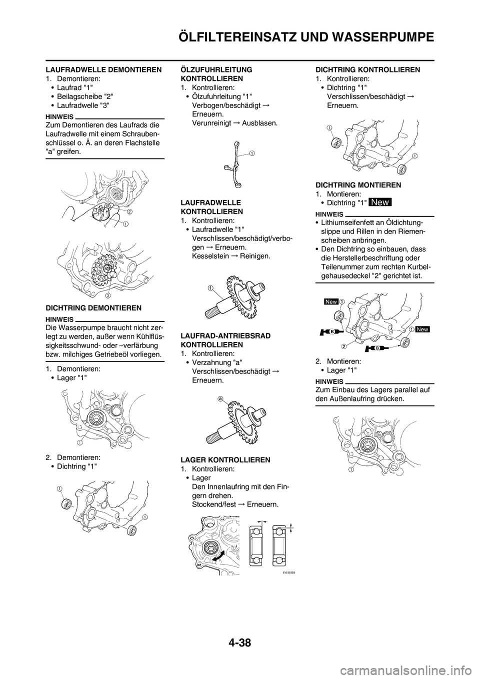 YAMAHA YZ250F 2011 Betriebsanleitungen (in German) 4-38
ÖLFILTEREINSATZ UND WASSERPUMPE
LAUFRADWELLE DEMONTIEREN
1. Demontieren:
• Laufrad "1"
• Beilagscheibe "2"
• Laufradwelle "3"
Zum Demontieren des Laufrads die
Laufradwelle mit einem Schra YAMAHA YZ250F 2011 Betriebsanleitungen (in German) 4-38
ÖLFILTEREINSATZ UND WASSERPUMPE
LAUFRADWELLE DEMONTIEREN
1. Demontieren:
• Laufrad "1"
• Beilagscheibe "2"
• Laufradwelle "3"
Zum Demontieren des Laufrads die
Laufradwelle mit einem Schra