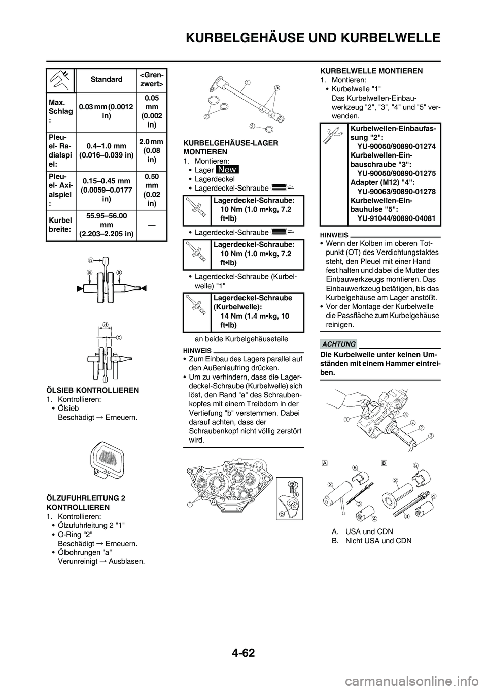 YAMAHA YZ250F 2011 Betriebsanleitungen (in German) 4-62
KURBELGEHÄUSE UND KURBELWELLE
ÖLSIEB KONTROLLIEREN
1. Kontrollieren:
•Ölsieb
Beschädigt→Erneuern.
ÖLZUFUHRLEITUNG 2
KONTROLLIEREN
1. Kontrollieren:
• Ölzufuhrleitung 2 "1"
• O-Ring YAMAHA YZ250F 2011 Betriebsanleitungen (in German) 4-62
KURBELGEHÄUSE UND KURBELWELLE
ÖLSIEB KONTROLLIEREN
1. Kontrollieren:
•Ölsieb
Beschädigt→Erneuern.
ÖLZUFUHRLEITUNG 2
KONTROLLIEREN
1. Kontrollieren:
• Ölzufuhrleitung 2 "1"
• O-Ring