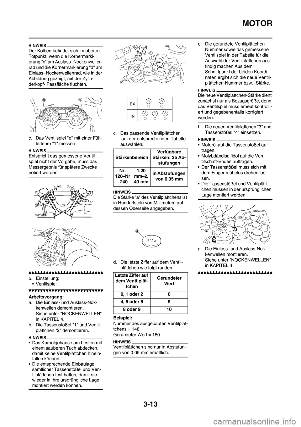 YAMAHA YZ250F 2011 Betriebsanleitungen (in German) 3-13
MOTOR
Der Kolben befindet sich im oberen
Totpunkt, wenn die Körnermarki-
erung "c" am Auslass- Nockenwellen-
rad und die Körnermarkierung "d" am
Einlass- Nockenwellenrad, wie in der
Abbildun YAMAHA YZ250F 2011 Betriebsanleitungen (in German) 3-13
MOTOR
Der Kolben befindet sich im oberen
Totpunkt, wenn die Körnermarki-
erung "c" am Auslass- Nockenwellen-
rad und die Körnermarkierung "d" am
Einlass- Nockenwellenrad, wie in der
Abbildun
