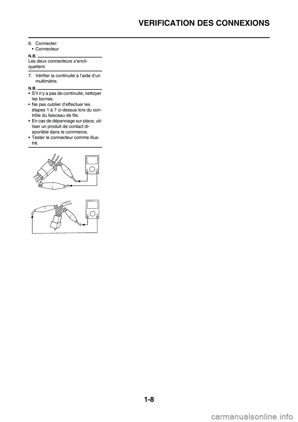 YAMAHA YZ250F 2011  Notices Demploi (in French) 1-8
VERIFICATION DES CONNEXIONS
6. Connecter:
• Connecteur
Les deux connecteurs s’encli-
quettent.
7. Vérifier la continuité à l’aide d’un 
multimètre.
• S’il n’y a pas de continuit