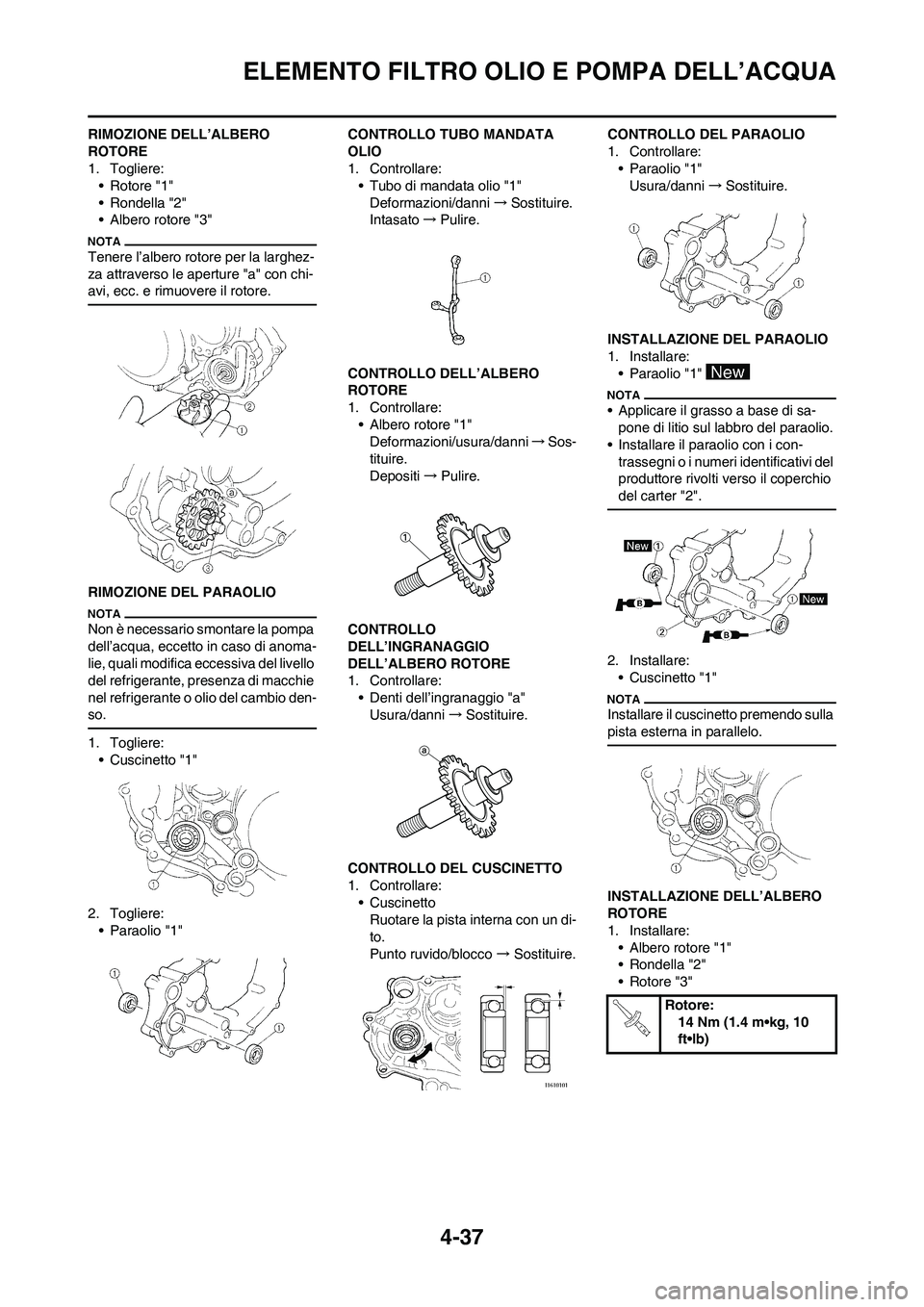 YAMAHA YZ250F 2011 Manuale duso (in Italian) 4-37
ELEMENTO FILTRO OLIO E POMPA DELL’ACQUA
RIMOZIONE DELL’ALBERO
ROTORE
1. Togliere:
• Rotore "1"
• Rondella "2"
• Albero rotore "3"
Tenere l’albero rotore per la larghez-
za attraverso YAMAHA YZ250F 2011 Manuale duso (in Italian) 4-37
ELEMENTO FILTRO OLIO E POMPA DELL’ACQUA
RIMOZIONE DELL’ALBERO
ROTORE
1. Togliere:
• Rotore "1"
• Rondella "2"
• Albero rotore "3"
Tenere l’albero rotore per la larghez-
za attraverso