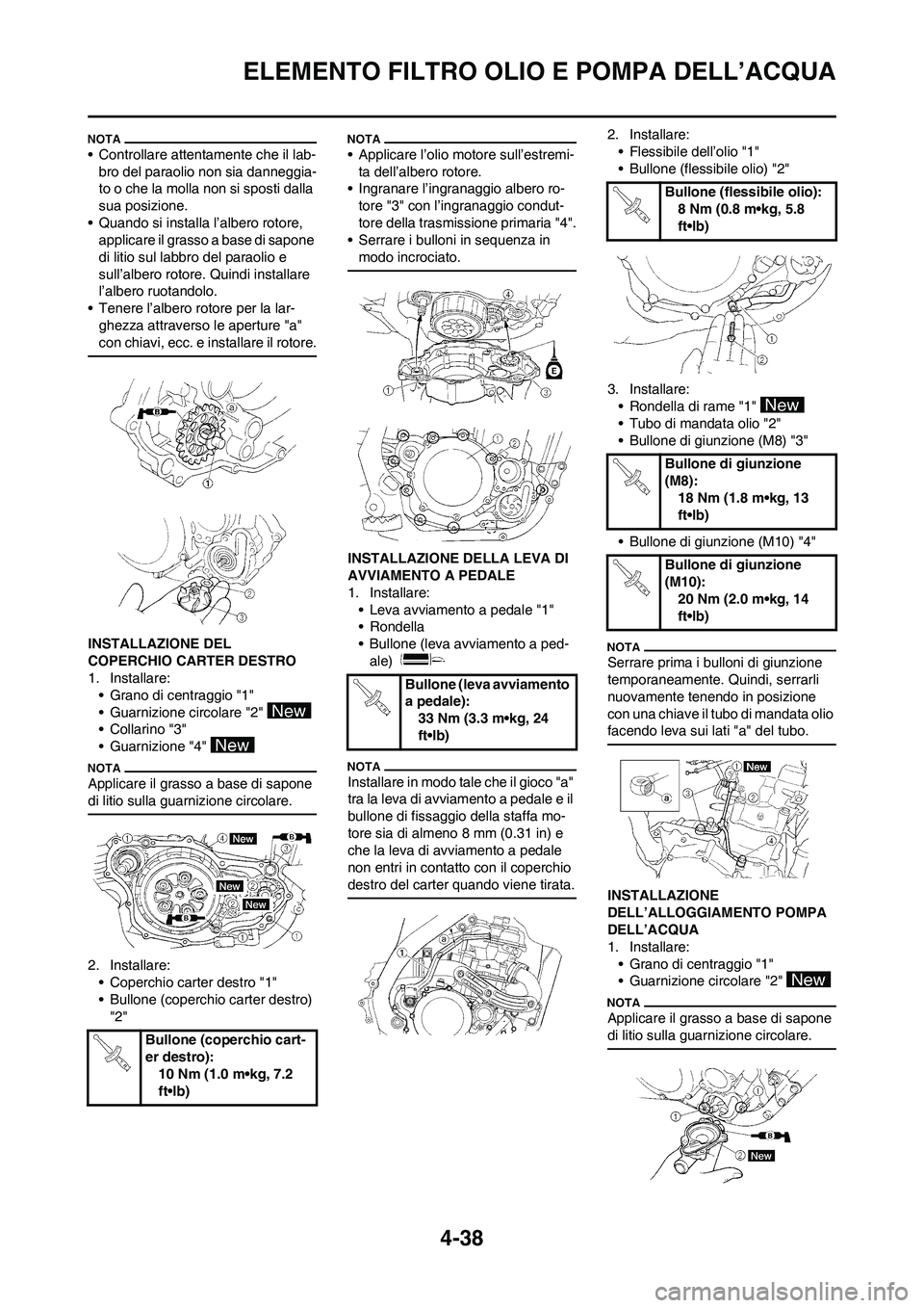 YAMAHA YZ250F 2011 Manuale duso (in Italian) 4-38
ELEMENTO FILTRO OLIO E POMPA DELL’ACQUA
• Controllare attentamente che il lab-
bro del paraolio non sia danneggia-
to o che la molla non si sposti dalla
sua posizione.
• Quando si installa YAMAHA YZ250F 2011 Manuale duso (in Italian) 4-38
ELEMENTO FILTRO OLIO E POMPA DELL’ACQUA
• Controllare attentamente che il lab-
bro del paraolio non sia danneggia-
to o che la molla non si sposti dalla
sua posizione.
• Quando si installa