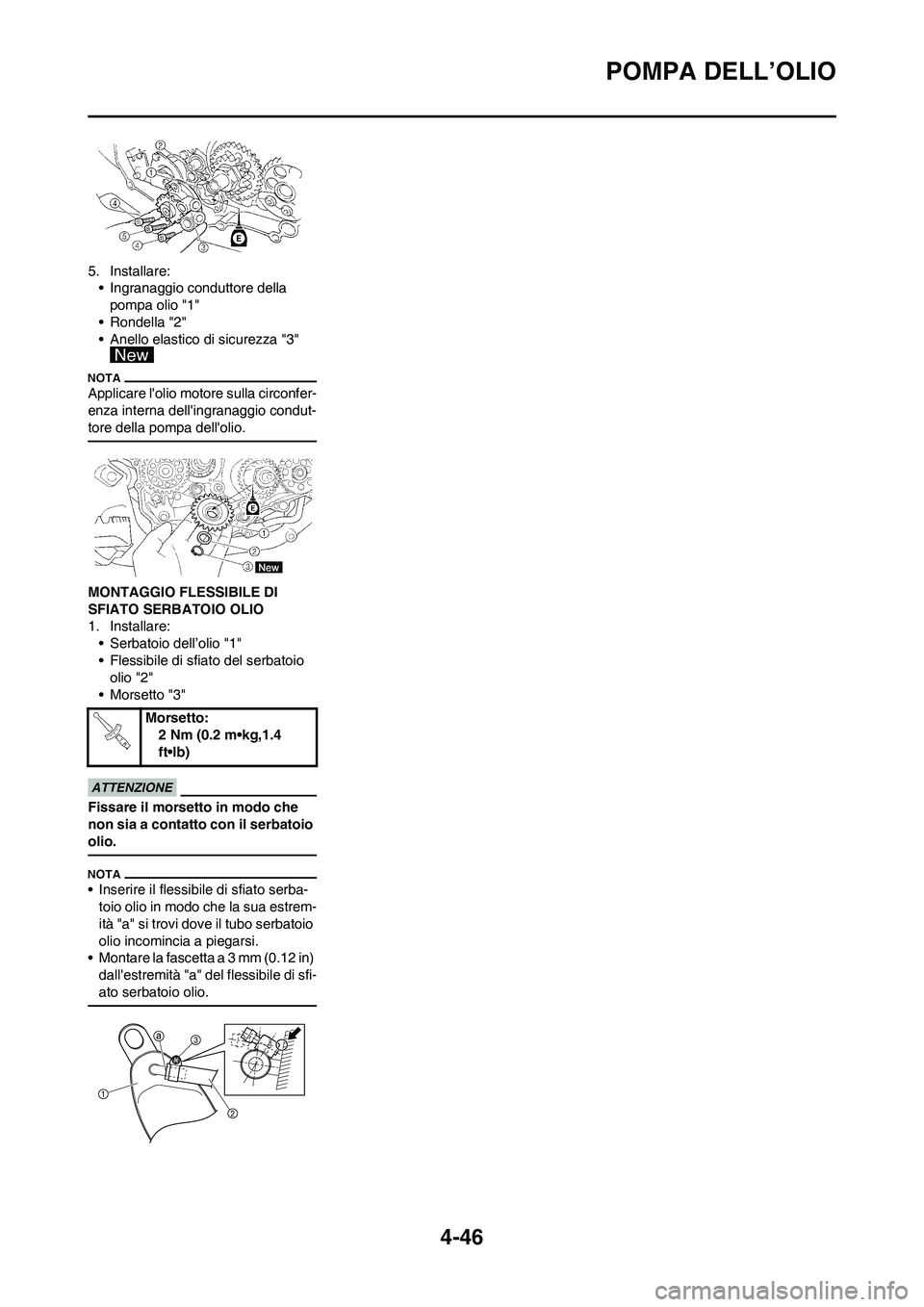 YAMAHA YZ250F 2011  Manuale duso (in Italian) 4-46
POMPA DELL’OLIO
5. Installare:
• Ingranaggio conduttore della 
pompa olio "1"
• Rondella "2"
• Anello elastico di sicurezza "3" 
Applicare lolio motore sulla circonfer-
enza interna dell
