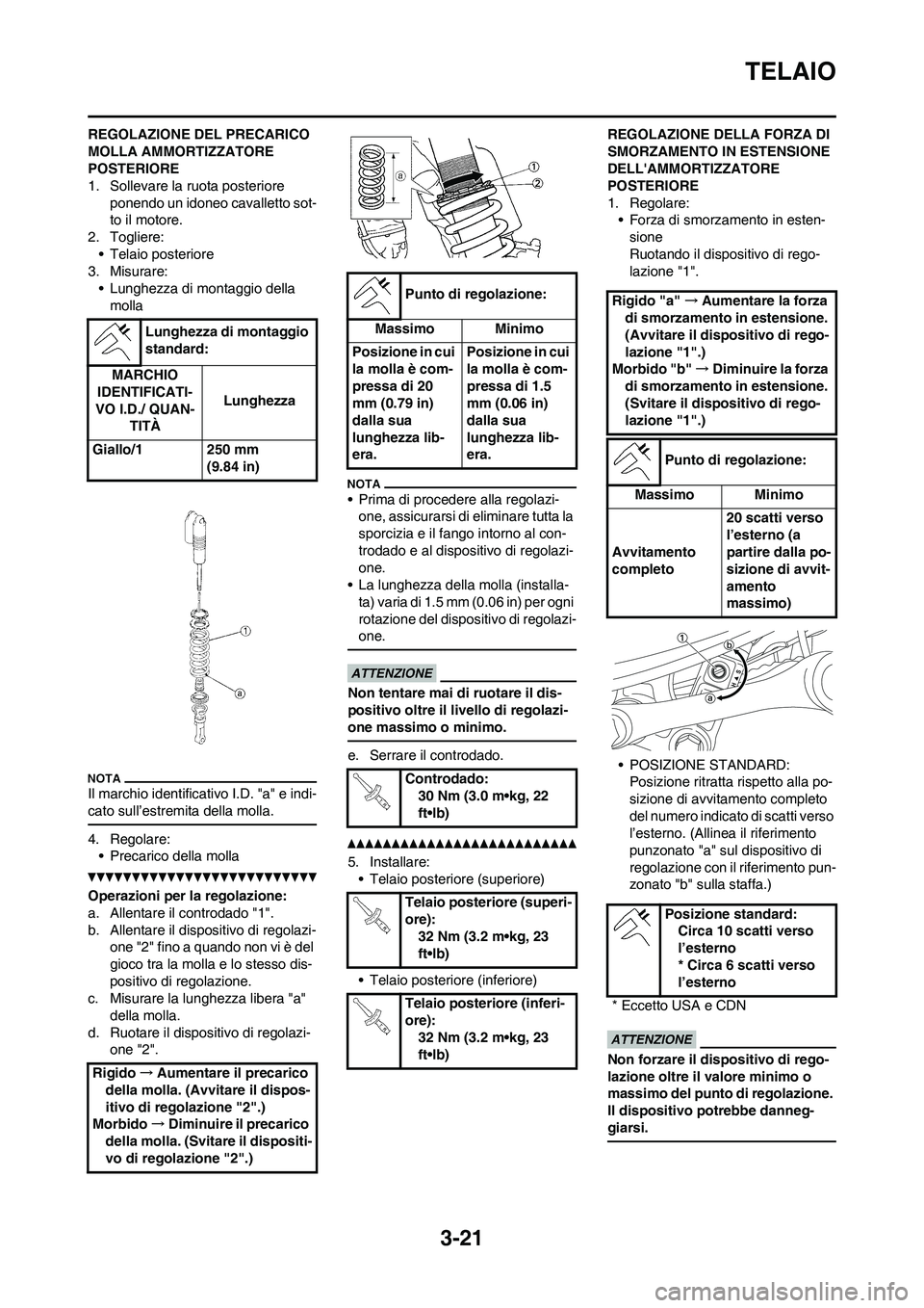 YAMAHA YZ250F 2011 Manuale duso (in Italian) 3-21
TELAIO
REGOLAZIONE DEL PRECARICO
MOLLA AMMORTIZZATORE
POSTERIORE
1. Sollevare la ruota posteriore
ponendo un idoneo cavalletto sot-
to il motore.
2. Togliere:
• Telaio posteriore
3. Misurare YAMAHA YZ250F 2011 Manuale duso (in Italian) 3-21
TELAIO
REGOLAZIONE DEL PRECARICO
MOLLA AMMORTIZZATORE
POSTERIORE
1. Sollevare la ruota posteriore
ponendo un idoneo cavalletto sot-
to il motore.
2. Togliere:
• Telaio posteriore
3. Misurare