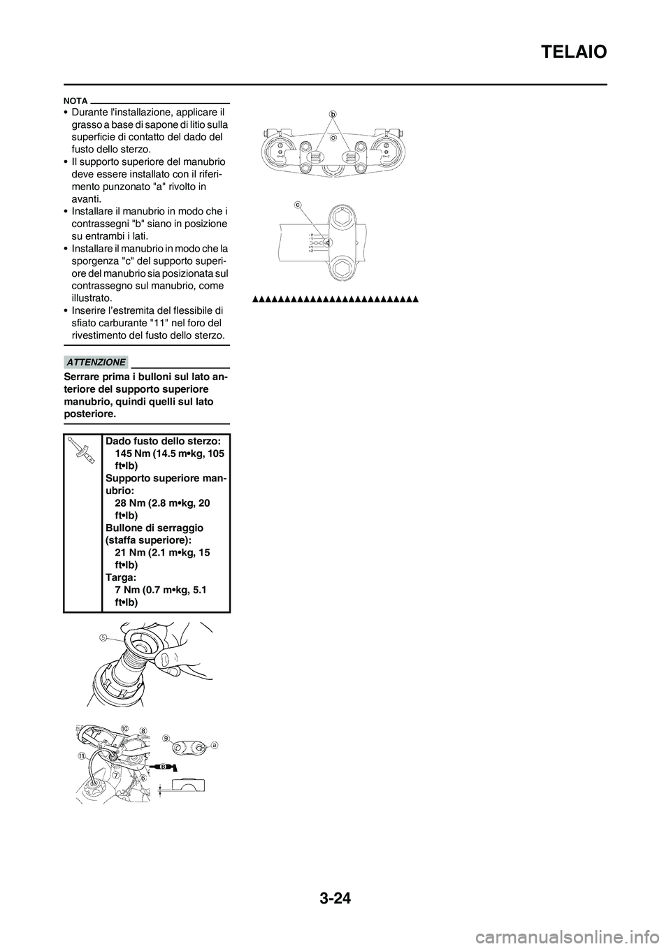 YAMAHA YZ250F 2011  Manuale duso (in Italian) 3-24
TELAIO
• Durante linstallazione, applicare il 
grasso a base di sapone di litio sulla 
superficie di contatto del dado del 
fusto dello sterzo.
• Il supporto superiore del manubrio 
deve ess