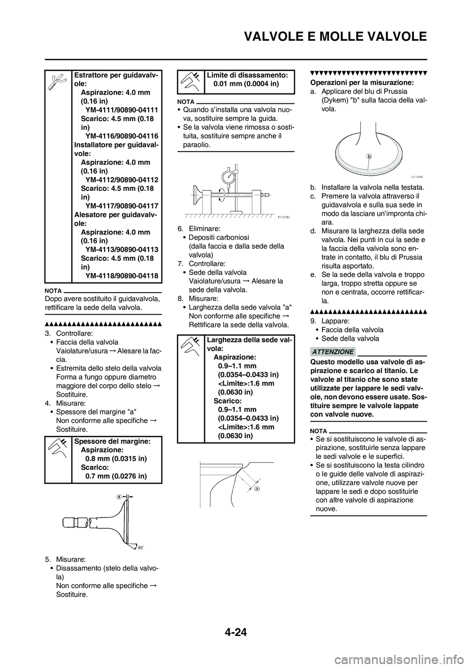 YAMAHA YZ250F 2011 Manuale duso (in Italian)
4-24
VALVOLE E MOLLE VALVOLE
Dopo avere sostituito il guidavalvola,
rettificare la sede della valvola.
3. Controllare:• Faccia della valvola
Vaiolature/usura →Alesare la fac-
cia.
• Estremita YAMAHA YZ250F 2011 Manuale duso (in Italian)
4-24
VALVOLE E MOLLE VALVOLE
Dopo avere sostituito il guidavalvola,
rettificare la sede della valvola.
3. Controllare:• Faccia della valvola
Vaiolature/usura →Alesare la fac-
cia.
• Estremita