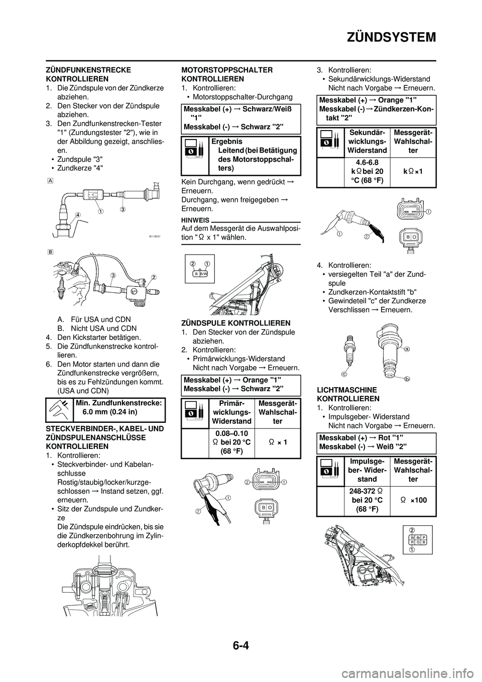 YAMAHA YZ250F 2010 Betriebsanleitungen (in German) 6-4
ZÜNDSYSTEM
ZÜNDFUNKENSTRECKE
KONTROLLIEREN
1. Die Zündspule von der Zündkerze abziehen.
2. Den Stecker von der Zündspule abziehen.
3. Den Zundfunkenstrecken-Tester
"1" (Zundungstester "2") YAMAHA YZ250F 2010 Betriebsanleitungen (in German) 6-4
ZÜNDSYSTEM
ZÜNDFUNKENSTRECKE
KONTROLLIEREN
1. Die Zündspule von der Zündkerze abziehen.
2. Den Stecker von der Zündspule abziehen.
3. Den Zundfunkenstrecken-Tester
"1" (Zundungstester "2")