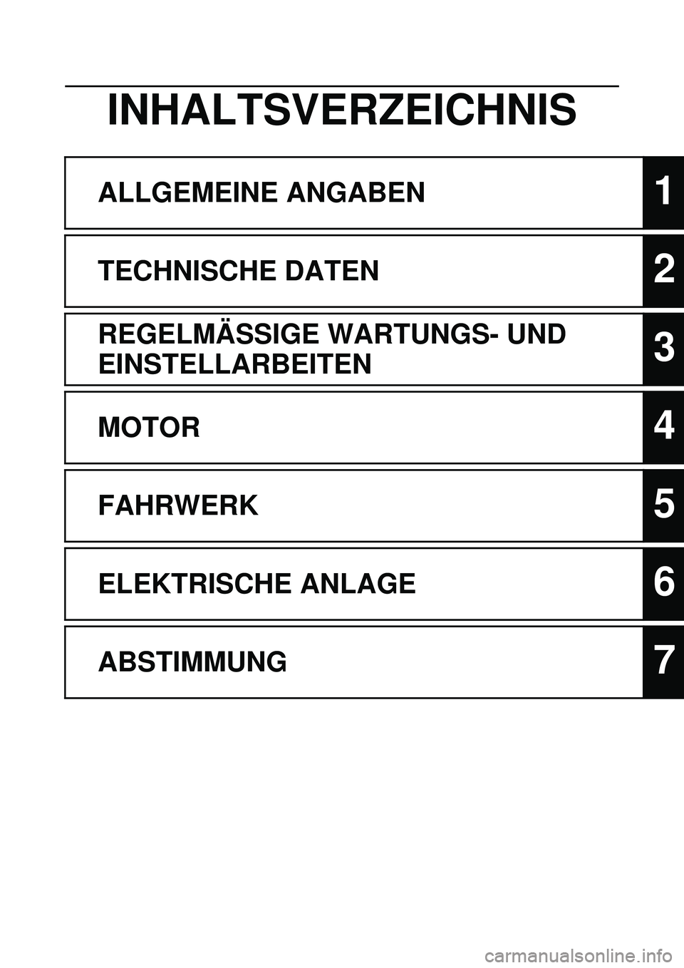 YAMAHA YZ250F 2010  Betriebsanleitungen (in German) INHALTSVERZEICHNIS
ALLGEMEINE ANGABEN1
TECHNISCHE DATEN2
REGELMÄSSIGE WARTUNGS- UND 
EINSTELLARBEITEN
3
MOTOR4
FAHRWERK5
ELEKTRISCHE ANLAGE6
ABSTIMMUNG7 