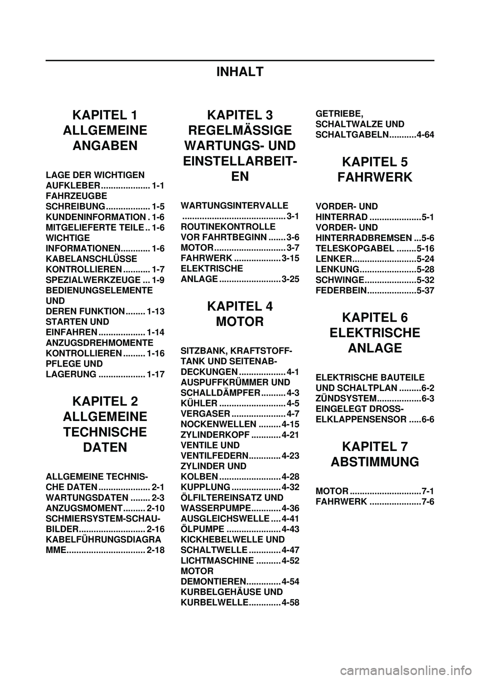 YAMAHA YZ250F 2010 Betriebsanleitungen (in German) INHALT
KAPITEL 1
ALLGEMEINE
ANGABEN
LAGE DER WICHTIGEN
AUFKLEBER .................... 1-1
FAHRZEUGBE
SCHREIBUNG .................. 1-5
KUNDENINFORMATION . 1-6
MITGELIEFERTE TEILE .. 1-6
WICHTIGE
IN YAMAHA YZ250F 2010 Betriebsanleitungen (in German) INHALT
KAPITEL 1
ALLGEMEINE
ANGABEN
LAGE DER WICHTIGEN
AUFKLEBER .................... 1-1
FAHRZEUGBE
SCHREIBUNG .................. 1-5
KUNDENINFORMATION . 1-6
MITGELIEFERTE TEILE .. 1-6
WICHTIGE
IN