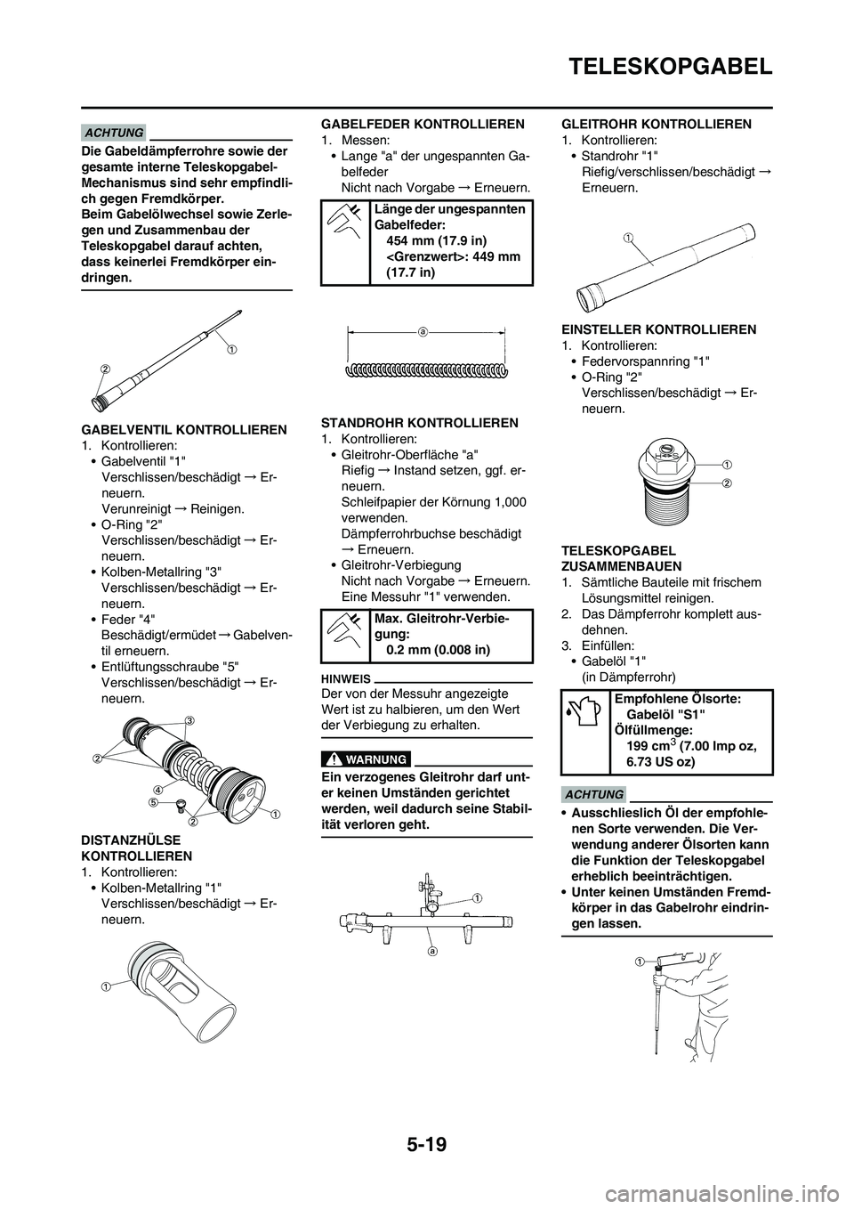 YAMAHA YZ250F 2009  Betriebsanleitungen (in German) 5-19
TELESKOPGABEL
Die Gabeldämpferrohre sowie der 
gesamte interne Teleskopgabel- 
Mechanismus sind sehr empfindli-
ch gegen Fremdkörper.
Beim Gabelölwechsel sowie Zerle-
gen und Zusammenbau der 
