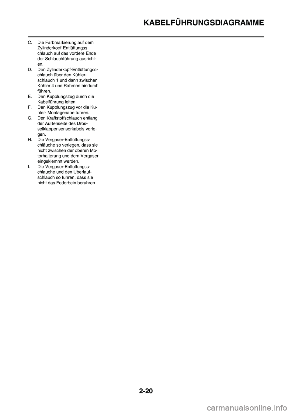 YAMAHA YZ250F 2009  Betriebsanleitungen (in German) 2-20
KABELFÜHRUNGSDIAGRAMME
C. Die Farbmarkierung auf dem 
Zylinderkopf-Entlüftungss-
chlauch auf das vordere Ende 
der Schlauchführung ausricht-
en.
D. Den Zylinderkopf-Entlüftungss-
chlauch übe