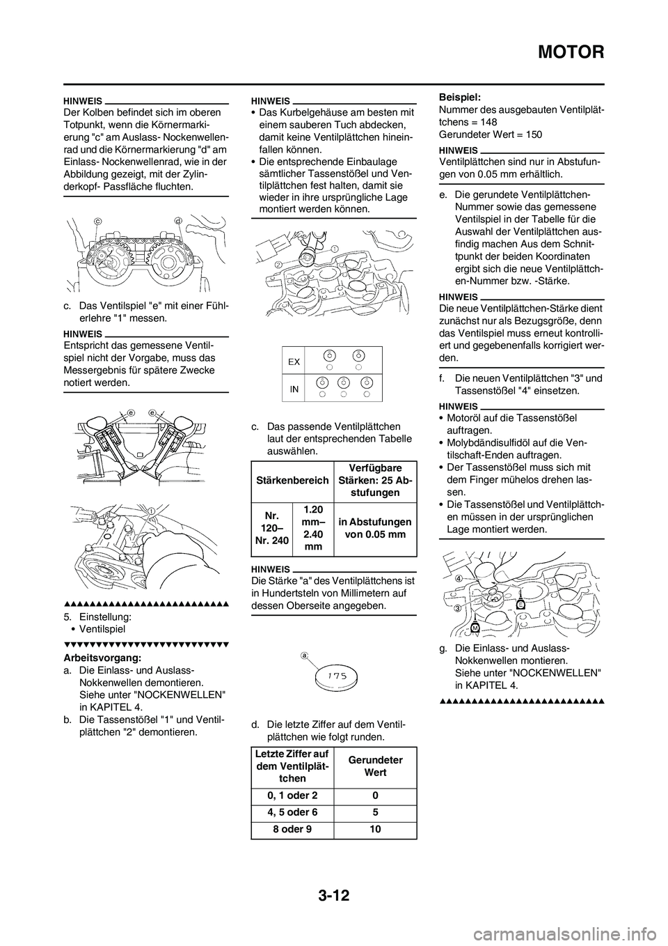 YAMAHA YZ250F 2009  Betriebsanleitungen (in German) 3-12
MOTOR
Der Kolben befindet sich im oberen 
Totpunkt, wenn die Körnermarki-
erung "c" am Auslass- Nockenwellen-
rad und die Körnermarkierung "d" am 
Einlass- Nockenwellenrad, wie in der 
Abbildun