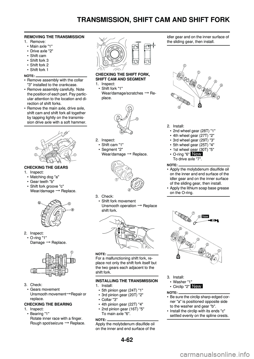YAMAHA YZ250F 2008  Owners Manual 4-62
TRANSMISSION, SHIFT CAM AND SHIFT FORK
REMOVING THE TRANSMISSION
1. Remove:• Main axle "1"
•Drive axle "2"
•Shift cam
• Shift fork 3
• Shift fork 2
• Shift fork 1
• Remove assembly 