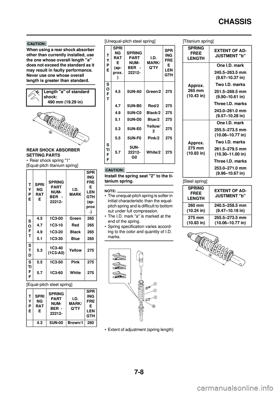 YAMAHA YZ250F 2008  Owners Manual 7-8
CHASSIS
When using a rear shock absorber 
other than currently installed, use 
the one whose overall length "a" 
does not exceed the standard as it 
may result in faulty performance. 
Never use on