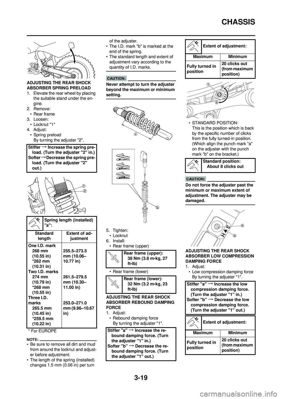 YAMAHA YZ250F 2008  Owners Manual 3-19
CHASSIS
ADJUSTING THE REAR SHOCK 
ABSORBER SPRING PRELOAD
1. Elevate the rear wheel by placing the suitable stand under the en-
gine.
2. Remove: • Rear frame
3. Loosen: • Locknut "1"
4. Adjus