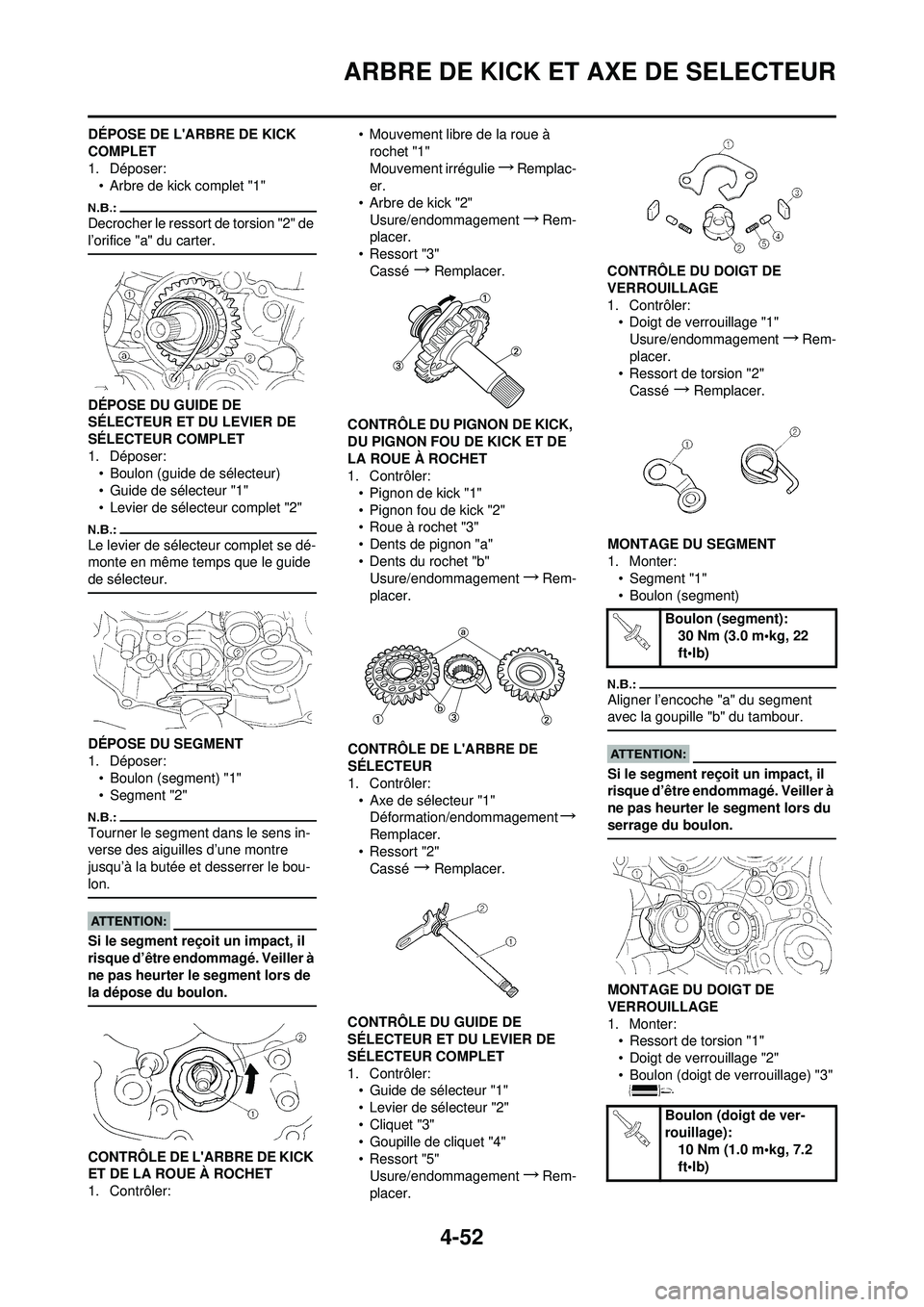 YAMAHA YZ250F 2008  Notices Demploi (in French) 4-52
ARBRE DE KICK ET AXE DE SELECTEUR
DÉPOSE DE LARBRE DE KICK 
COMPLET
1. Déposer:• Arbre de kick complet "1"
Decrocher le ressort de torsion "2" de 
l’orifice "a" du carter.
DÉPOSE DU GUIDE