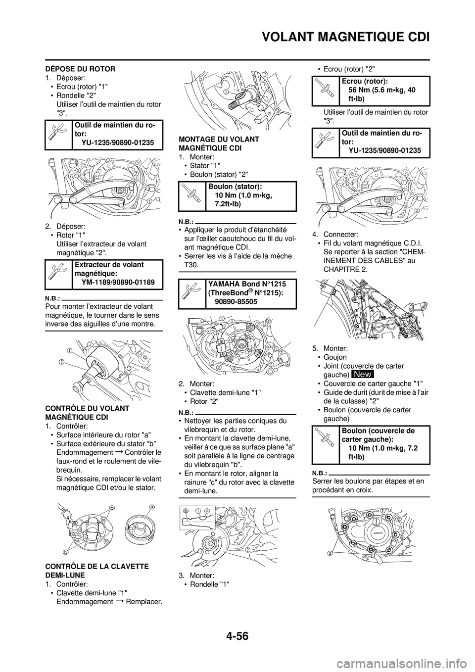 YAMAHA YZ250F 2008  Notices Demploi (in French) 4-56
VOLANT MAGNETIQUE CDI
DÉPOSE DU ROTOR
1. Déposer:• Ecrou (rotor) "1"
• Rondelle "2"Utiliser l’outil de maintien du rotor 
"3".
2. Déposer: • Rotor "1"
Utiliser l’extracteur de volant