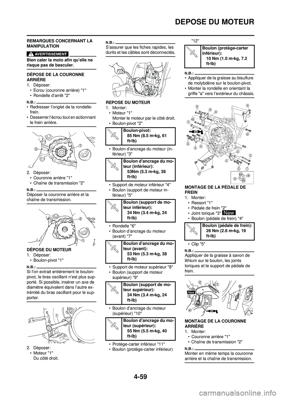 YAMAHA YZ250F 2008  Notices Demploi (in French) 4-59
DEPOSE DU MOTEUR
REMARQUES CONCERNANT LA 
MANIPULATION
Bien caler la moto afin qu’elle ne 
risque pas de basculer.
DÉPOSE DE LA COURONNE 
ARRIÈRE
1. Déposer:• Ecrou (couronne arrière) "1"