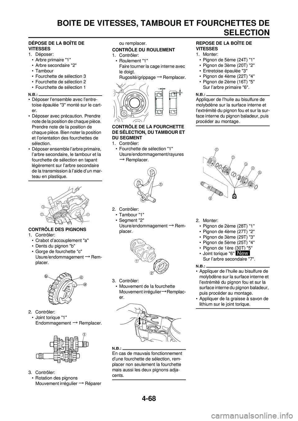 YAMAHA YZ250F 2008  Notices Demploi (in French) 4-68
BOITE DE VITESSES, TAMBOUR ET FOURCHETTES DESELECTION
DÉPOSE DE LA BOÎTE DE 
VITESSES
1. Déposer:
• Arbre primaire "1"
• Arbre secondaire "2"
• Tambour
• Fourchette de sélection 3
•