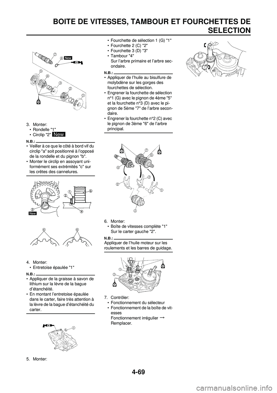 YAMAHA YZ250F 2008  Notices Demploi (in French) 4-69
BOITE DE VITESSES, TAMBOUR ET FOURCHETTES DESELECTION
3. Monter:
• Rondelle "1"
• Circlip "2" 
• Veiller à ce que le côté à bord vif du 
circlip "a" soit positionné à l’opposé 
de 