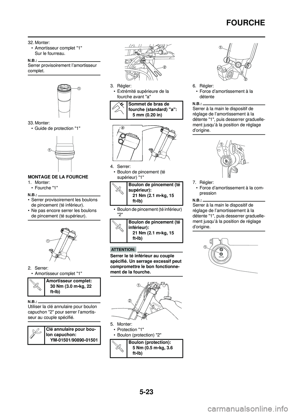 YAMAHA YZ250F 2008  Notices Demploi (in French) 5-23
FOURCHE
32. Monter:• Amortisseur complet "1"Sur le fourreau.
Serrer provisoirement l’amortisseur 
complet.
33. Monter:• Guide de protection "1"
MONTAGE DE LA FOURCHE
1. Monter: •Fourche "