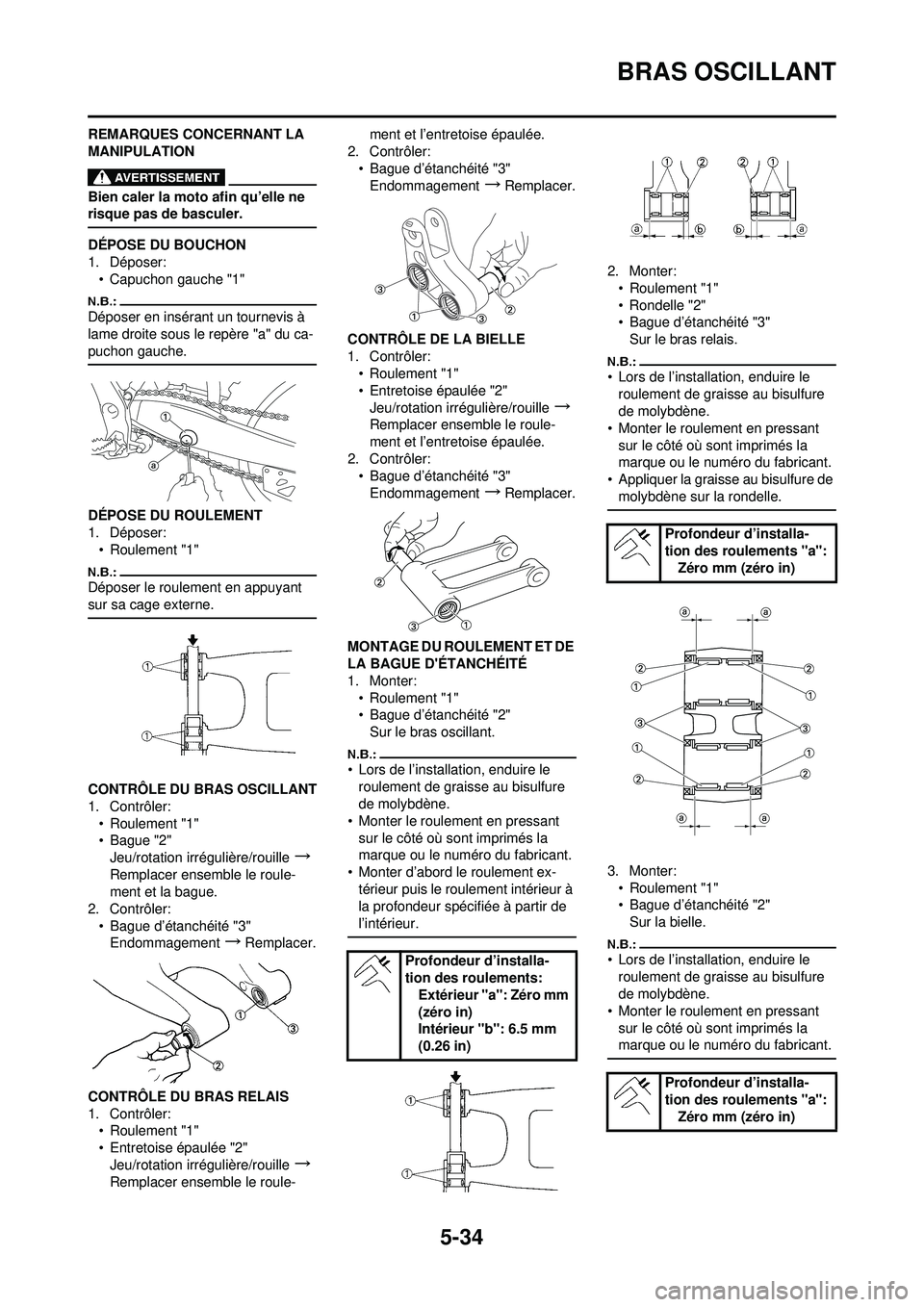 YAMAHA YZ250F 2008  Notices Demploi (in French) 5-34
BRAS OSCILLANT
REMARQUES CONCERNANT LA 
MANIPULATION
Bien caler la moto afin qu’elle ne 
risque pas de basculer.
DÉPOSE DU BOUCHON
1. Déposer:• Capuchon gauche "1"
Déposer en insérant un 