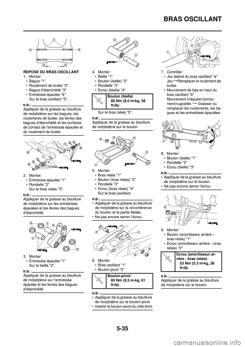 YAMAHA YZ250F 2008  Notices Demploi (in French) 5-35
BRAS OSCILLANT
REPOSE DU BRAS OSCILLANT
1. Monter:• Bague "1"
• Roulement de butée "2"
• Bague d’étanchéité "3"
• Entretoise épaulée "4"Sur le bras oscillant "5".
Appliquer de la 