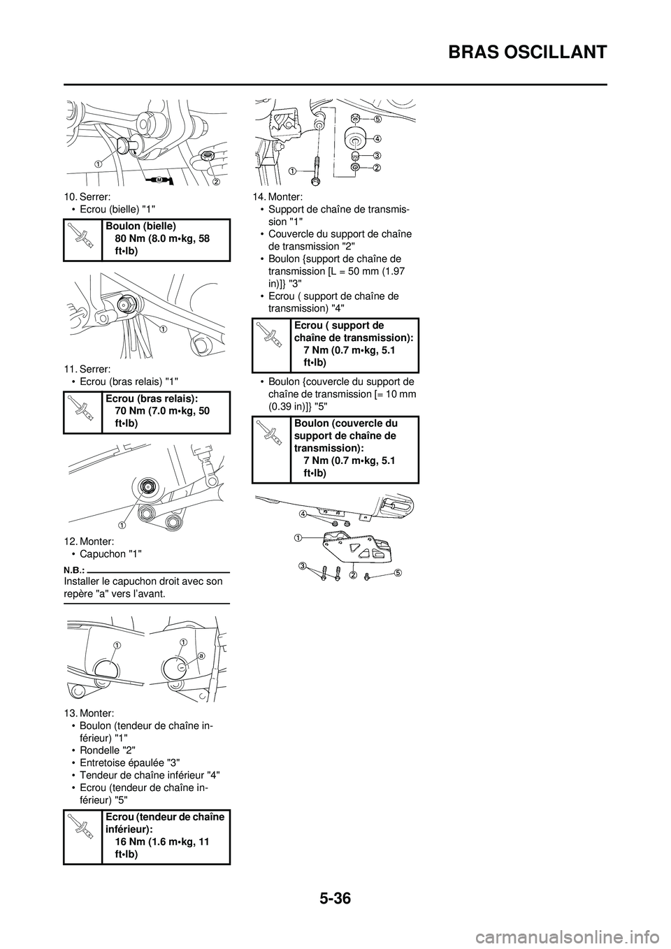 YAMAHA YZ250F 2008  Notices Demploi (in French) 5-36
BRAS OSCILLANT
10. Serrer:•Ecrou (bielle) "1"
11. Serrer: • Ecrou (bras relais) "1"
12. Monter: • Capuchon "1"
Installer le capuchon droit avec son 
repère "a" vers l’avant.
13. Monter: